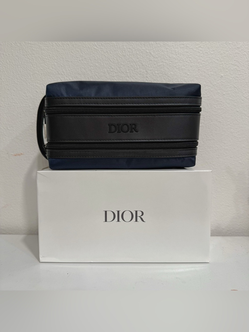 Dior  Unisex Navy Blue Black Dual Zipper Pouch Toiletry Makeup Bag NEW